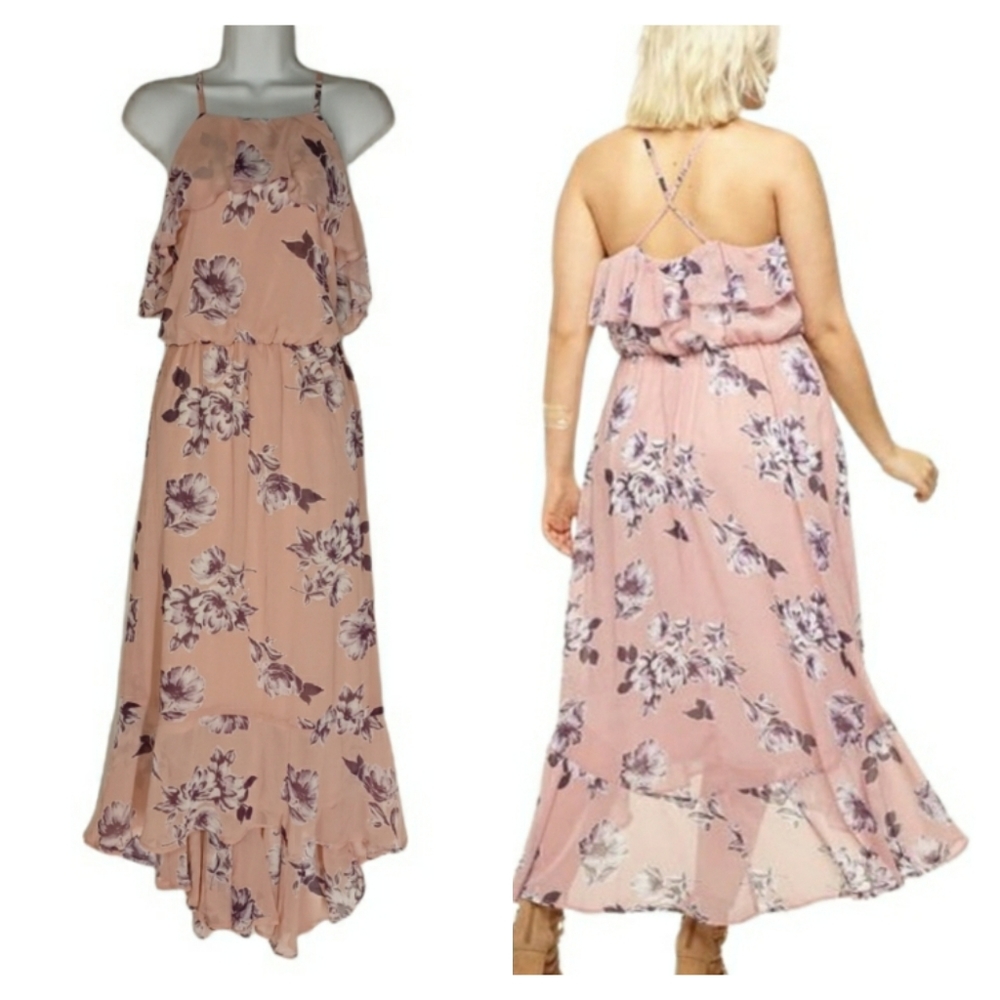 LORALETTE Pink Purple Floral Print Ruffle Cross Back High-Low Maxi Dress 1X NWT